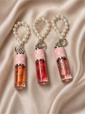 Lip Gloss Wristlet Keychain Pearl Beaded Bracelet Key Ring Cute Purse Charm set